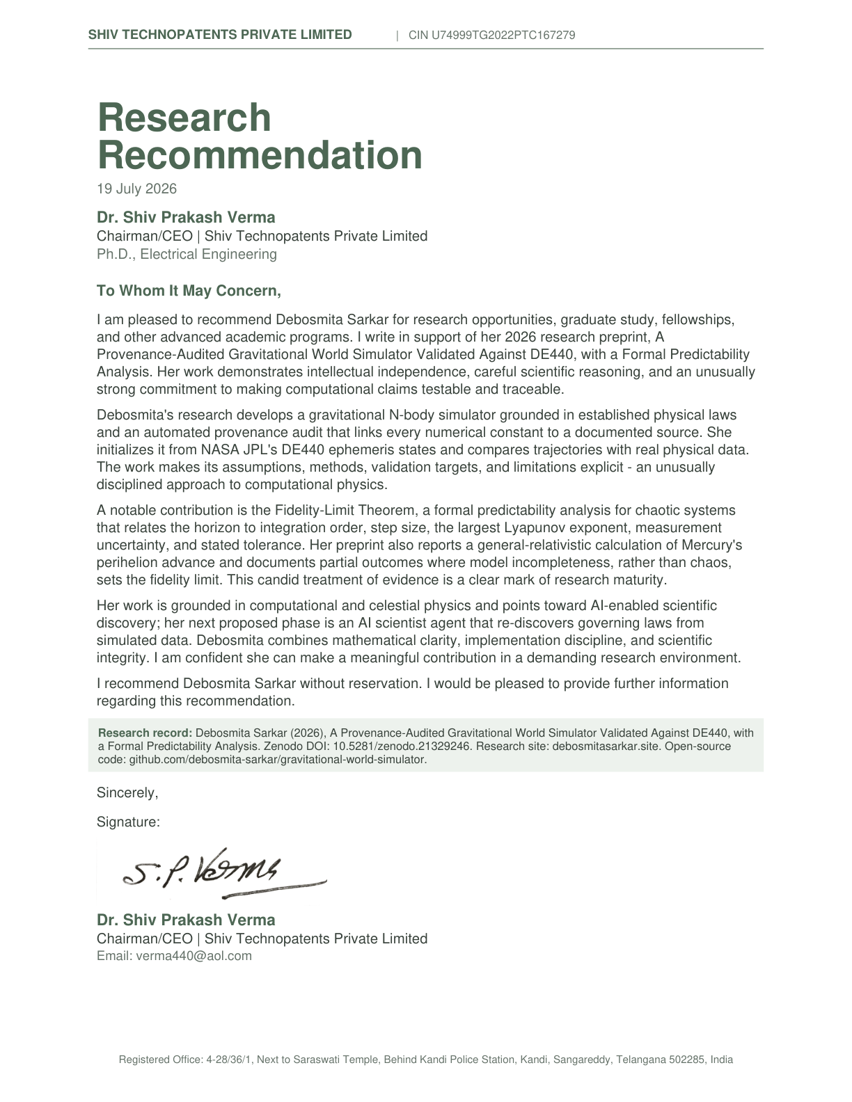 Scanned research recommendation letter for Debosmita Sarkar on Shiv Technopatents Private Limited letterhead, signed by Dr. Shiv Prakash Verma, Chairman and CEO, dated 19 July 2026.